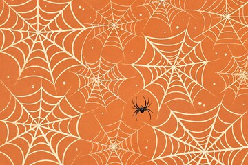 Spooky halloween spiderweb pattern with a single spider on an orange background