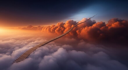 Naklejka premium A surreal staircase ascends through dramatic clouds towards a bright light in the sky
