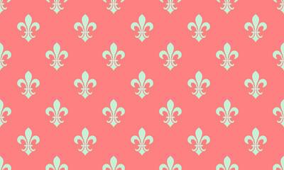 Elegant coral background with a repeating pattern of pastel green fleurdelis. This classic, seamless design evokes sophistication and royalty, perfect for websites, stationery, or textile prints.