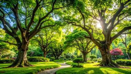 Fototapeta premium Lush green garden landscape with mature trees and meandering pathways bathed in sunlight