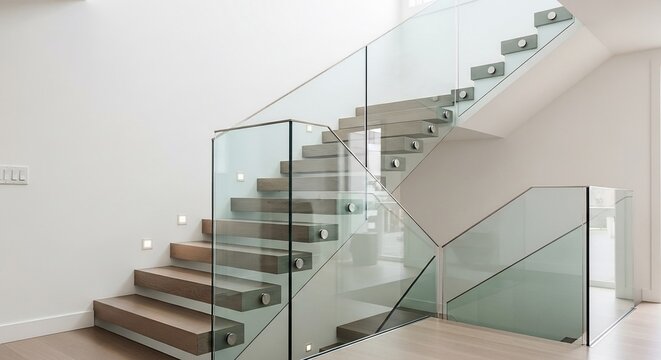 Modern wooden staircase with transparent glass railings in a bright, minimalist home interior. - Powered by Adobe