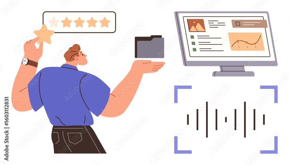 Poster person handling folder and star rating, next to monitor showing graphs and analytics, audio waveform
