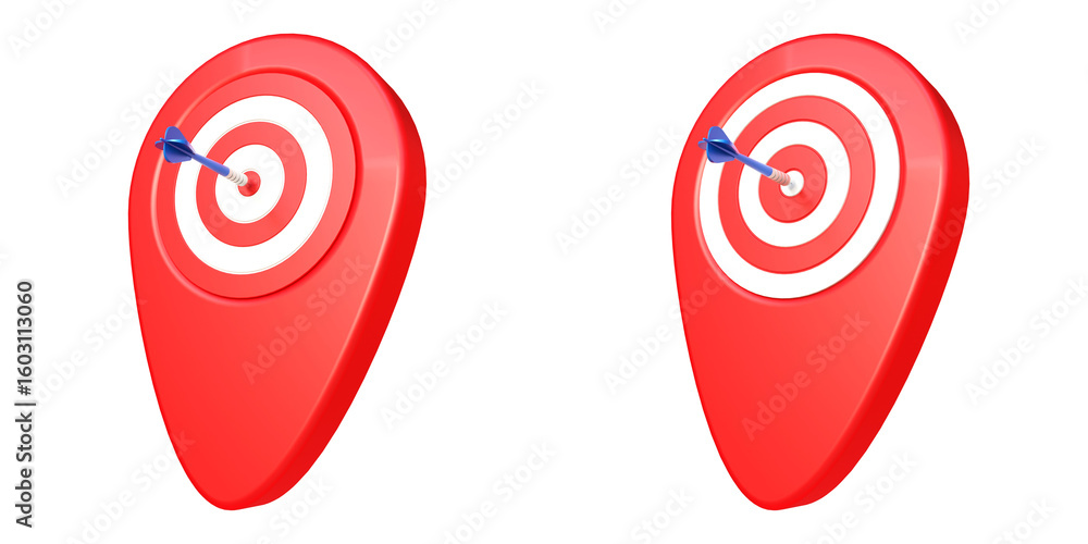 Poster map pin symbol with target and arrow 3d illustration on isolated background. set of target pointer i