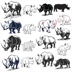 Collection of stylized rhino illustrations silhouette vector : black and white, various poses, adult and baby rhinos.