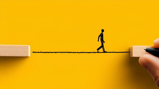 Drawing human figure walking through a bridge symbolizing overcoming obstacles and building connections on a yellow background.