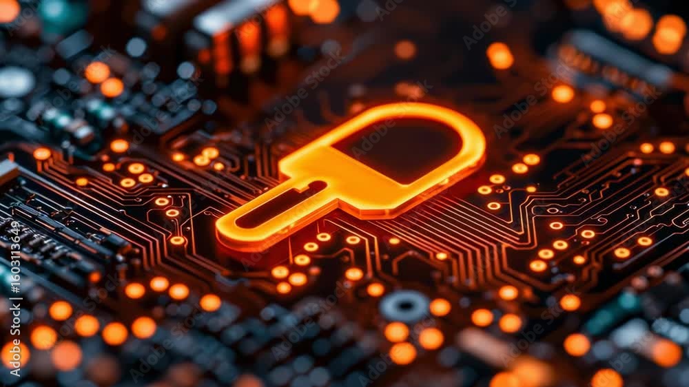 Poster close-up of a circuit board with bright orange lock symbol representing cybersecurity technology
