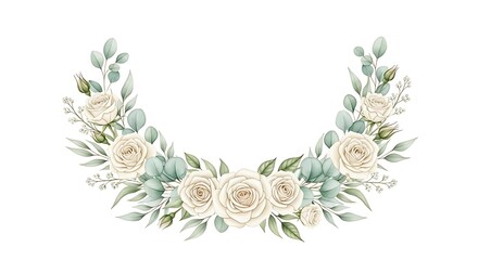 Elegant Watercolor Floral Wreath with Cream Roses and Eucalyptus Leaves for Wedding Invitations and Greeting Cards Design