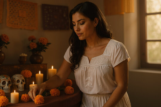 young latina woman preparing altar for dia de los muertos with marigolds and candles in dim room, evoking warm and reflective atmosphere