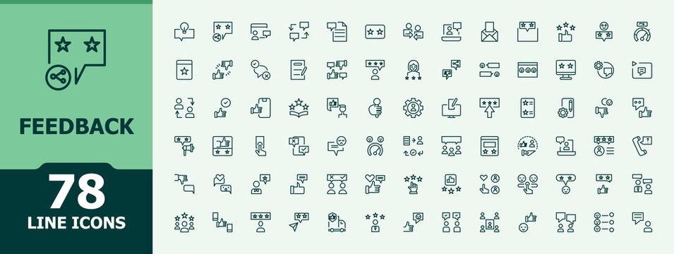 Feedback line icon set. Featuring survey, experience, satisfaction, testimonial, rating, comment, emotion and more. Minimalist icons collection. Editable vector illustration. Experience icon.