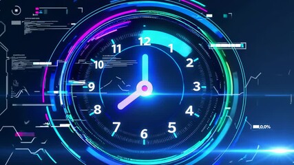 An abstract clock with digital background. Digital clock with a clock on the wall. Abstract neon technology in a graphic. A digital backdrop featuring an abstract clock lifestyle. - Powered by Adobe