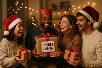 diverse friends exchanging gifts during a joyful secret santa christmas celebration at home, illuminated by warm festive lights and happy smiles