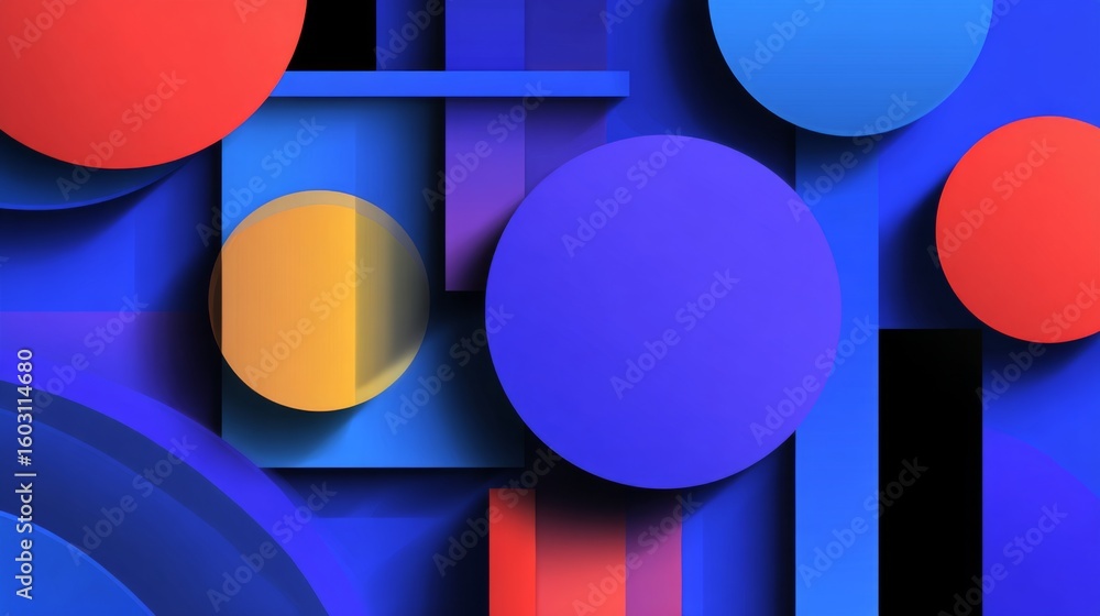 Poster abstract geometric shapes in vibrant colors, overlapping and forming a modern, dynamic design with s