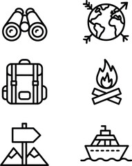 Collection of minimalist line art icons representing travel, exploration, and outdoor adventure.