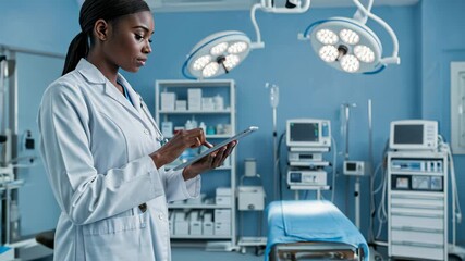 Black female doctor using digital tablet in modern hospital operating room with medical equipment and technology. - Powered by Adobe