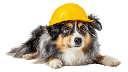 Australian Shepherd Dog Wearing a Yellow Hard Hat
