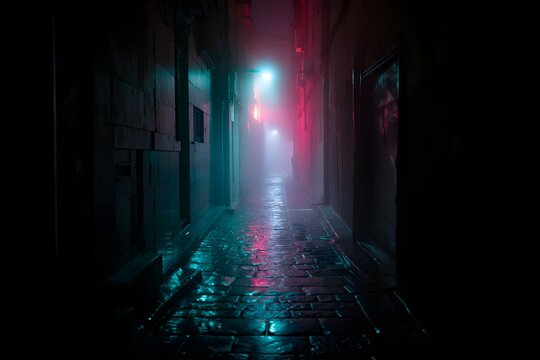 Moody Foggy Night Alleyway: Neon Lights Reflect on Wet Cobblestone Street, Mysterious Urban Scene.