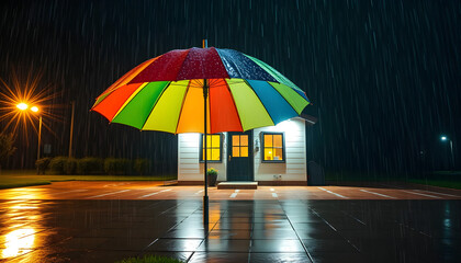 Colorful umbrella sheltering house in rainy night outdoor photography urban setting