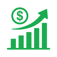 Financial Growth Icon – Green Bar Chart with Dollar Symbol and Upward Trend Arrow Vector