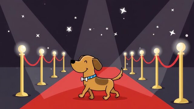 A dog struts down a red carpet, surrounded by bright lights, enticing guests