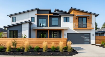 Fototapeta premium Modern Contemporary Home Exterior with Wood Accents and Sleek Design Beautiful Architecture Suburban Living and Garden Landscape