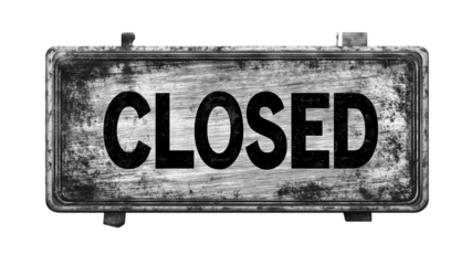 rubber-stamped "CLOSED" sign with inked edges and a slightly faded appearance, isolated on a transparent background