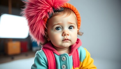 Playful baby portrait in vibrant outfit studio setting colorful and engaging atmosphere
