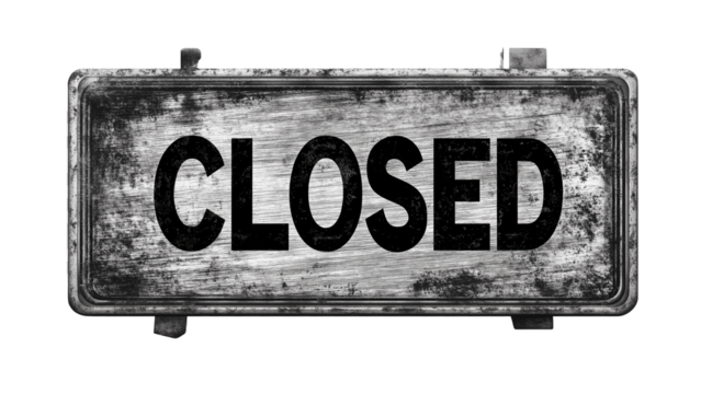 rubber-stamped "CLOSED" sign with inked edges and a slightly faded appearance, isolated on a transparent background