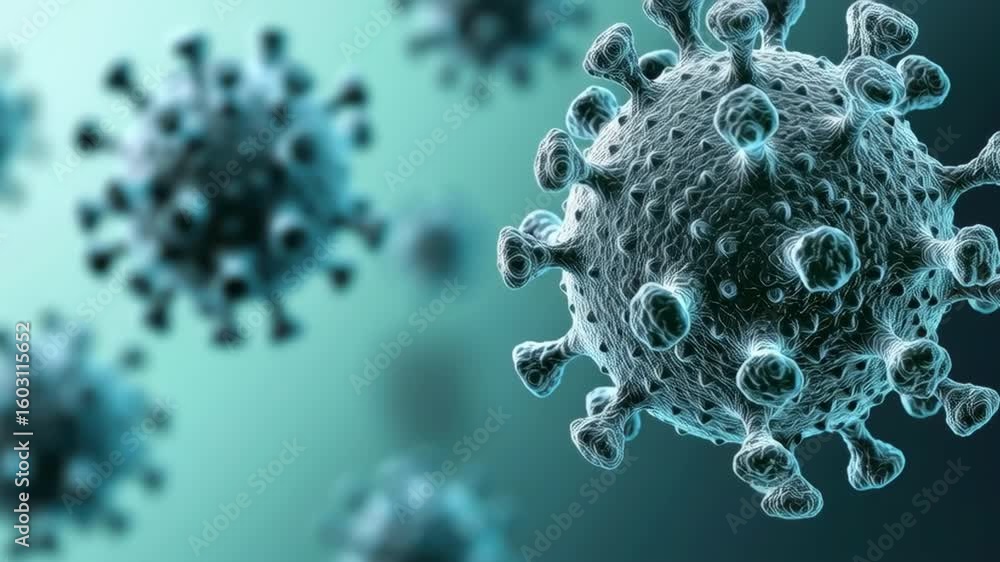 Poster close-up of 3d virus structure with detailed surface texture against blurred background