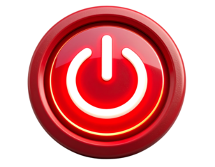 3D Power Button Symbol with Glowing Red Ring and Shadow, Angled View, Isolated PNG