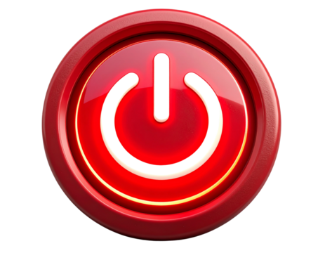  3D Power Button Symbol with Glowing Red Ring and Shadow, Angled View, Isolated PNG