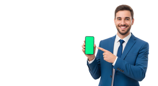 Smiling businessman in a blue suit pointing at a green screen smartphone for your app concept