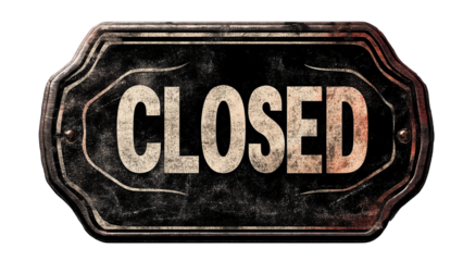 3D "CLOSED" sign with metallic text and a subtle shadow, giving it a sleek and modern look, isolated on a transparent background