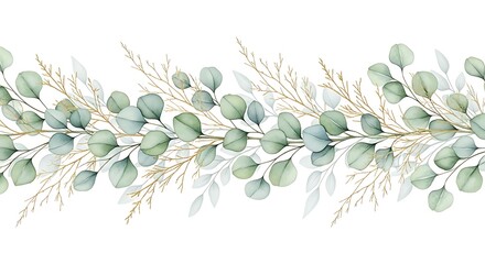 Fototapeta premium Watercolor Eucalyptus Greenery and Golden Branches Border Frame for Wedding Invitations and Springtime Decor Design Element on White Background