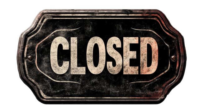 3D "CLOSED" sign with metallic text and a subtle shadow, giving it a sleek and modern look, isolated on a transparent background - Powered by Adobe