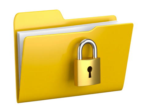 3D Secure Folder Icon with Metallic Lock, Angled View, Realistic Style, Isolated