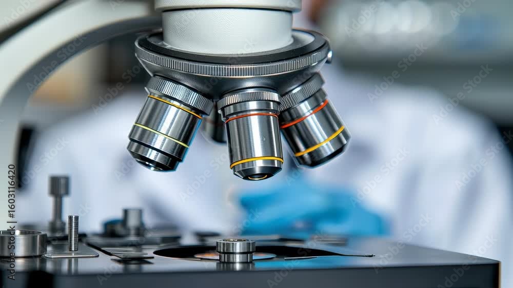 Poster close-up of a scientist using a microscope in a laboratory environment for research