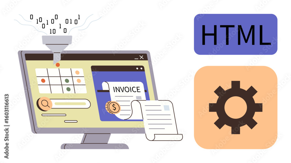Poster computer screen with invoice, search tools, data funnel, html block, gear icon. ideal for data proce