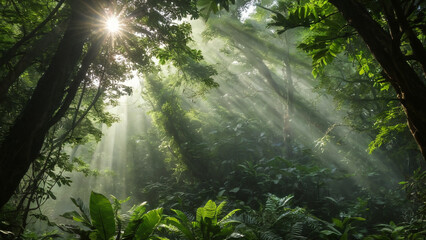 Lush jungle canopy with sun rays piercing through