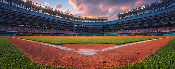 Dramatic sunset view of a packed baseball stadium, showcasing the pitchers mound from a low angle.  The vibrant colors and full stands evoke excitement and the thrill of the game.
