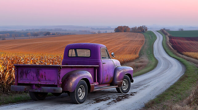 Vintage purple pickup truck parked on a rural dirt road winding through autumnal farm fields at sunset.  Evokes nostalgia, freedom, and the simple life. - Powered by Adobe