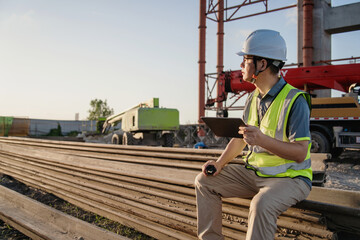 asian male engineer working in construction site for bridge