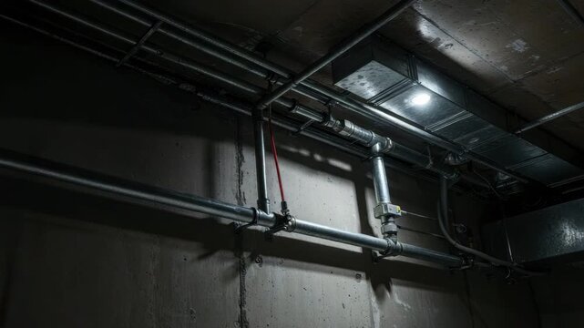 Exposing the intricate network of pipes and ducts in a basement undergoing maintenance work
