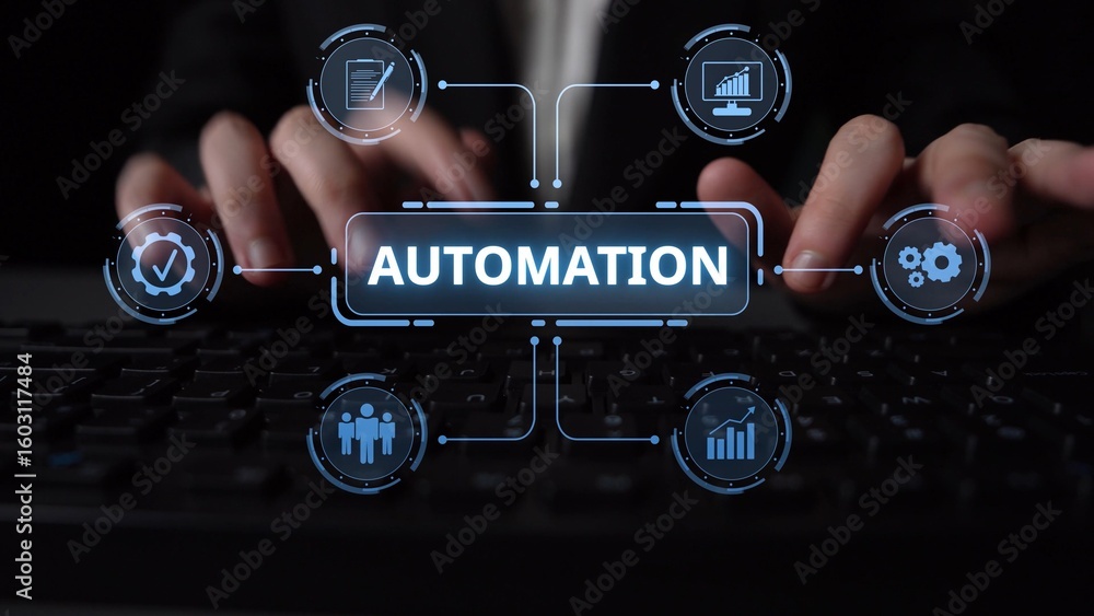 Poster modern automation drives workflow efficiency by connecting systems, people, and data. with intellige