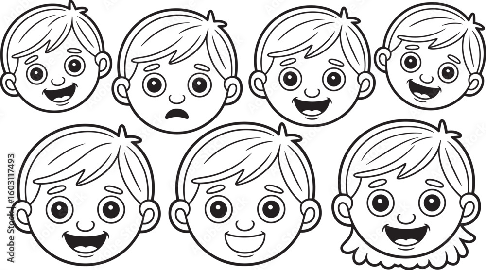 Poster cartoon faces with different expressions vector illustration set on transparent background