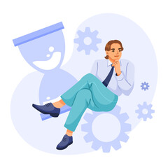 A businessman sits thoughtfully beside large gears and an hourglass, flat graphic style, on a white background. Concept of time management. Vector illustration