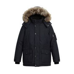 Stylish men's dark parka jacket with a faux fur hood, perfect for winter outings.