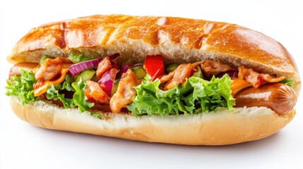hot dog fast food with sausage tomatoes and sauce white background