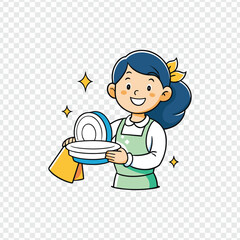 Smiling Woman Washing Dishes in Green Apron
