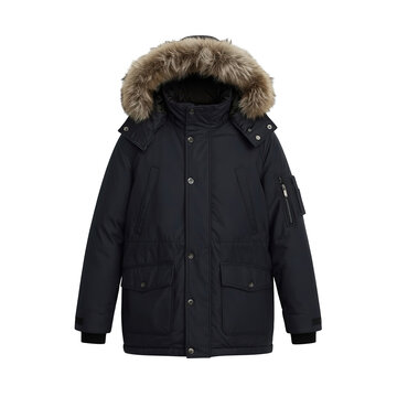 Stylish men's dark parka jacket with a faux fur hood, perfect for winter outings.