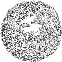 Dragon mandala coloring book page for adult, black and white ink line art therapy. Mythical creatures, floral print, organic forms, tattoo design, decorative elements, anti stress vector illustration